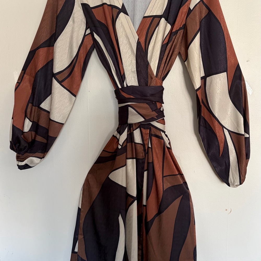 Diarrablu Brown and Black Geometric Puff Sleeve Wrap Dress US L NWOT